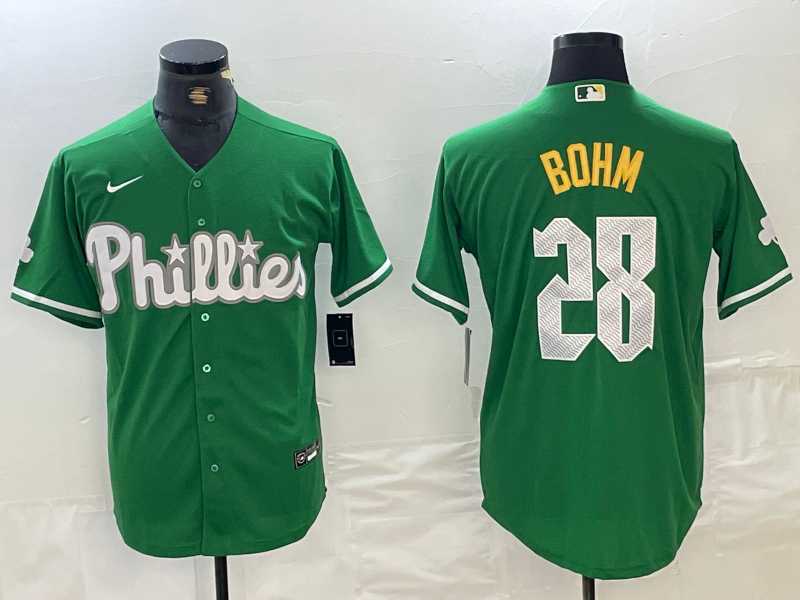Mens Philadelphia Phillies #28 Alec Bohm Kelly Green Cool Base Jersey